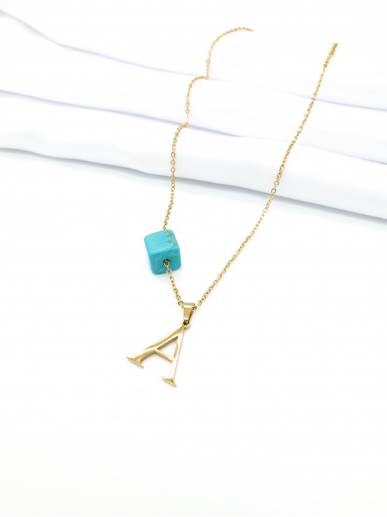 Κολιέ Α gold μπλέ πέτρα