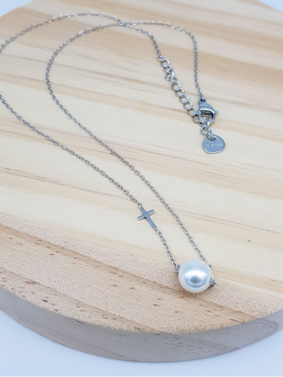 Κολιέ pearl cross ασημί