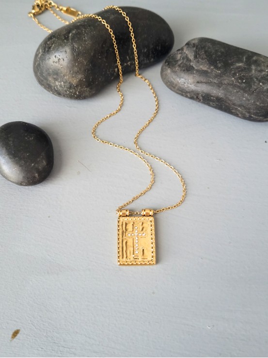 Κολιέ σταυρός Plate Strass χρυσό