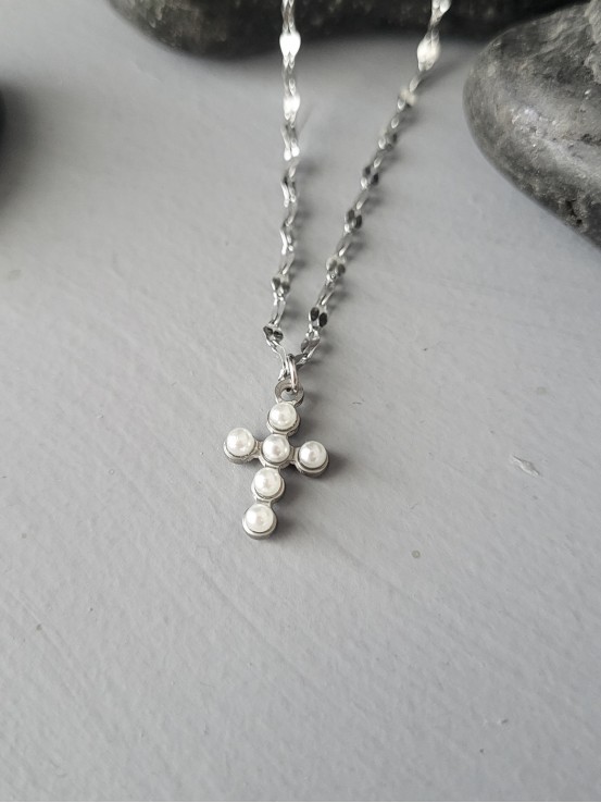 Κολιέ σταυρός  Small Pearl ασημί
