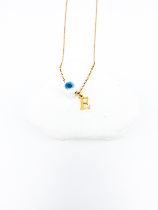 Κολιέ mini Ε gold λευκή πέτρα