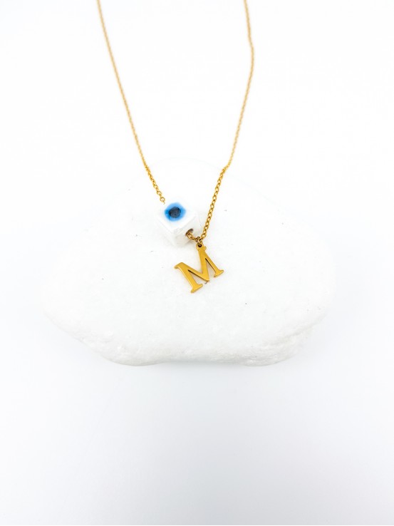 Κολιέ mini Μ gold λευκή πέτρα