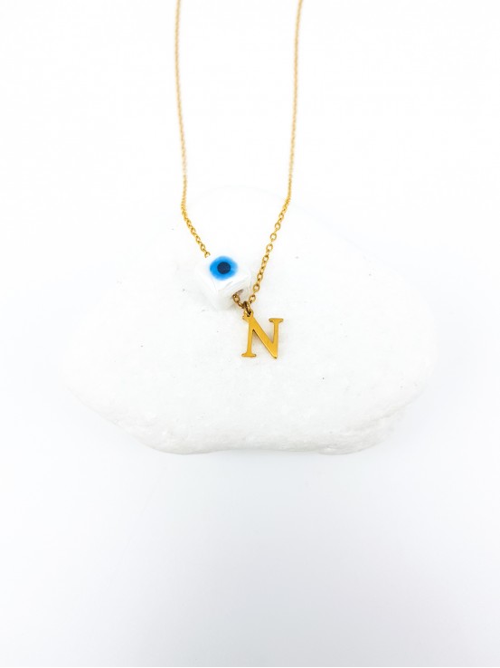 Κολιέ mini Ν gold λευκή πέτρα