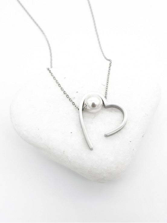 Κολιέ stuffed heart με πέρλα,ασημί