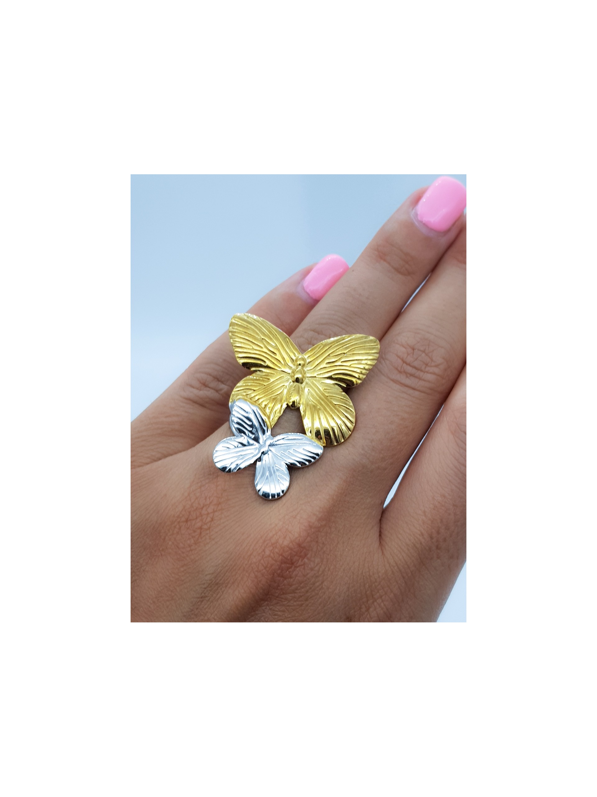 Δαχτυλίδι Double Butterfly χρυσό-ασημί