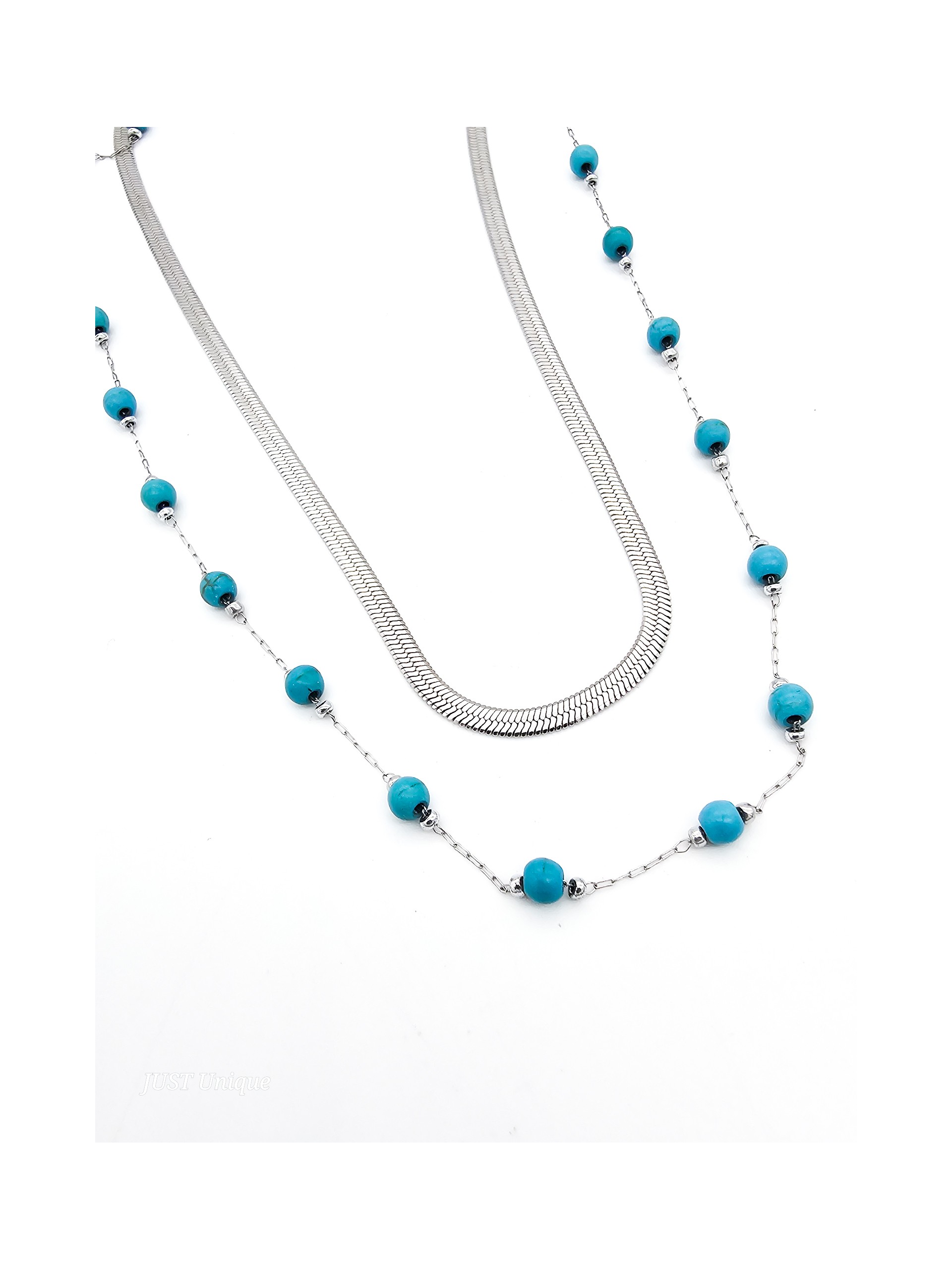 Κολιέ Turquoise Μini Balls Snake διπλό ασημί
